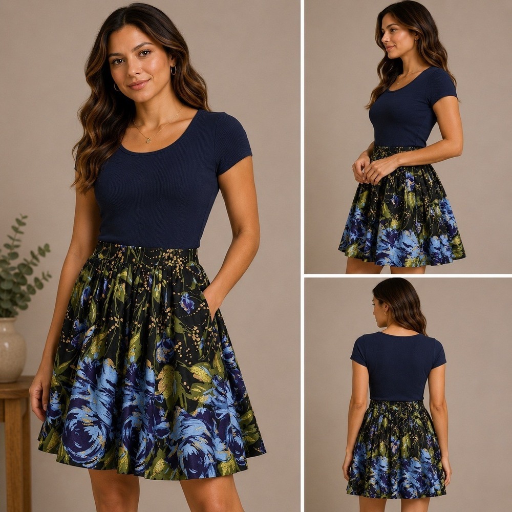 Ann Taylor Loft Skirt Womens 2P Black Blue Floral Excellent Pleated A-Line